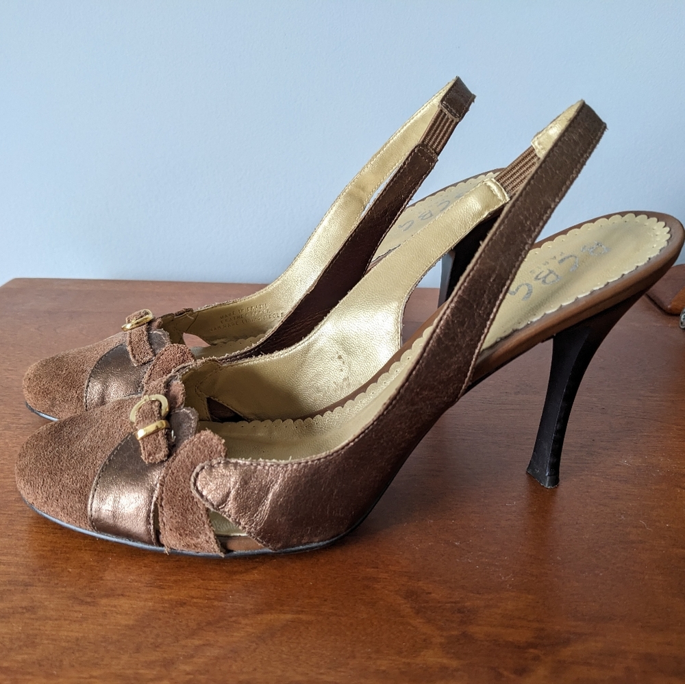 BCBG sling back gold and brown heels